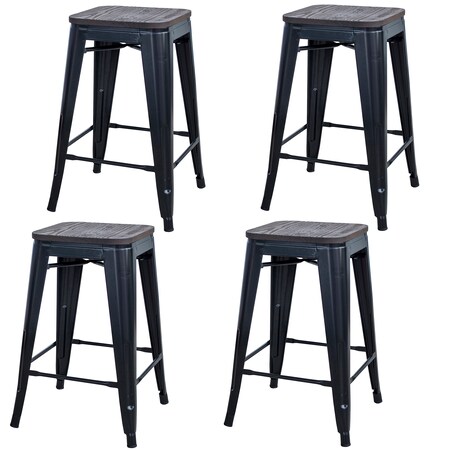 Amerihome Black 24" Metal Bar Stool With Wood Seat, PK4 BS24BWTSET